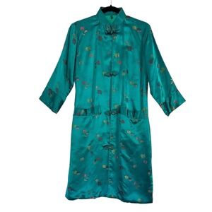 Vintage Changshan Brocade Satin Jacket Teal Mandarin Frog‎ Closure Duster M